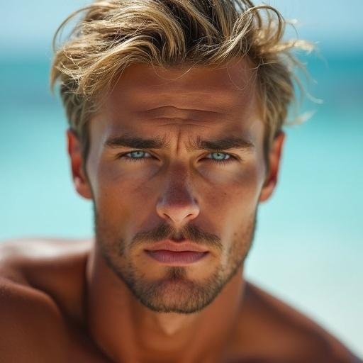 Professional medium close up image of a handsome muscular young man with tousled blonde hair and blue eyes. Outdoor background is softly blurred. He has a relaxed expression with a hint of a smile. His diamond shaped face has high cheekbones, straight nose, and defined jawline. His hair is medium-short and wavy with loose strands.