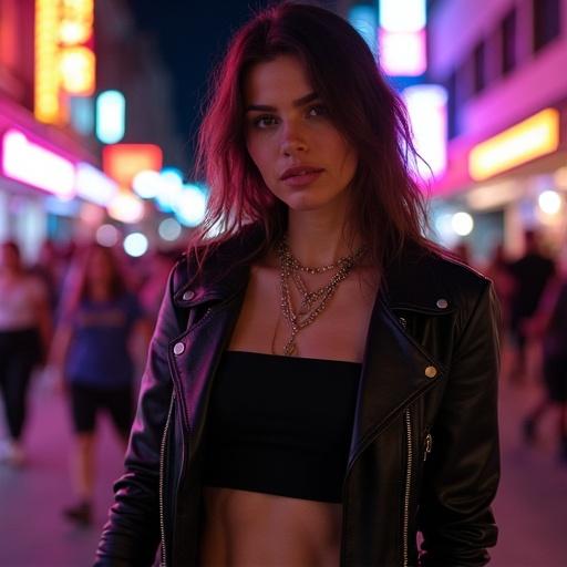 Woman standing in urban setting with neon lights. Wears black leather jacket and black top. Layered jewelry enhances edgy look. Background shows cityscape with colorful signs and blurred crowd. Nighttime ambiance.