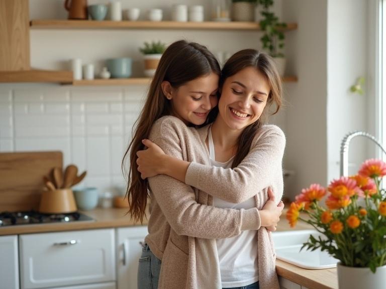 Heartwarming mother daughter embrace in a bright cozy kitchen. Colorful flower bouquet visible. The kitchen has a warm and inviting feel. Natural light creates a cheerful atmosphere.