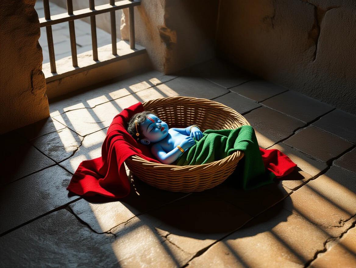 Woven basket on cold stone floor of a dark prison cell. Basket on cracked aged stone surface rests in shadow. Volumetric light streams through barred window casting shadows. Inside basket lies baby Krishna asleep glowing with divine light. Basket wrapped in red and green cloth adding warmth. Hyper-realistic cinematic style