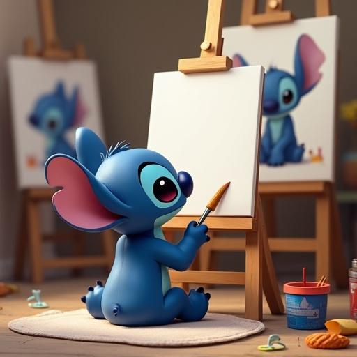 Character Stitch is in an art studio. Stitch holds a paintbrush in hand. An empty canvas is in front. Background has Stitch paintings. Floor has paint buckets.