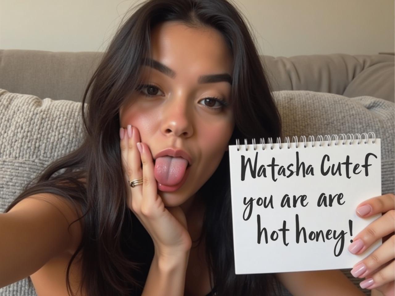 A young woman is taking a selfie while lying on a couch. She has long dark hair and is sticking her tongue out playfully. Her expression is cheeky, and she has one hand resting on her chin. In her other hand, she is holding a piece of paper with the phrase 'Natasha Cutef you are hot honey!' written in black grey slim letters in a handwritten style. The background features a soft, neutral-colored wall and a textured cushion.