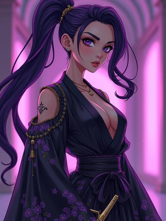 Anime character in a modern martial arts dojo. Young woman with amethyst purple eyes. Wearing a luxurious black kimono. Holding a katana. Serious look. Elegant purple ponytail. Colorful tattoos visible. Muscular build.