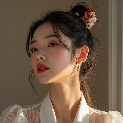 Young woman smiling with natural makeup. Long hair adorned with a flower. Soft sunlight illuminating her face. Profile view emphasizing happiness and style.