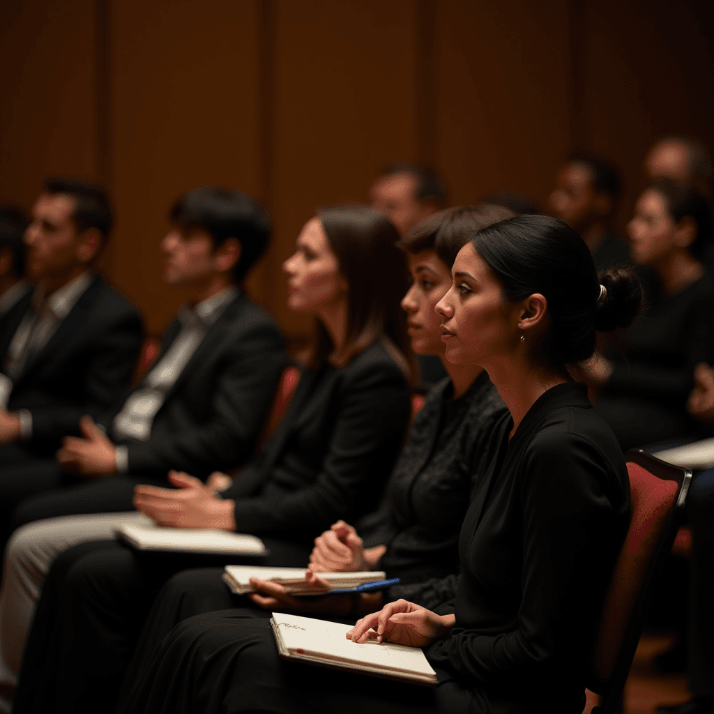 People are attentively sitting in chairs, holding notebooks, and watching a presentation.