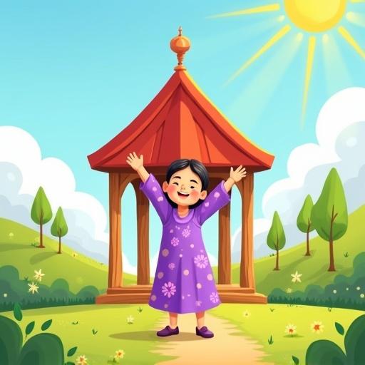 Colorful cartoon-style illustration for a children's book cover with Islamic theme. Young girl no facial features standing joyfully in front of wooden house supported by pillars. She raises arms in celebration. Sunny outdoor scene with green grass and cartoon trees. Islamic design elements included. Soft geometric patterns and decorative motifs. Space at the top for title.