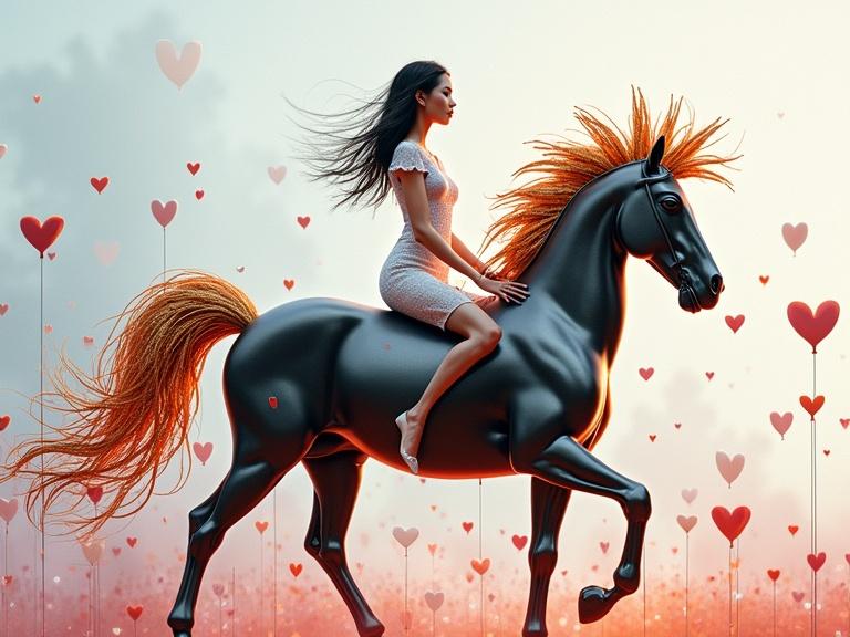 A beautifully crafted image showcases a woman riding a sleek metallic horse. The horse features polished black and silver tones with warm golden highlights. Surrounding elements include tiny hearts in various sizes and colors. The background uses soft pastel shades to create a dreamy effect. This illustration reflects contemporary Japanese Manga aesthetics with a refined artistic touch.