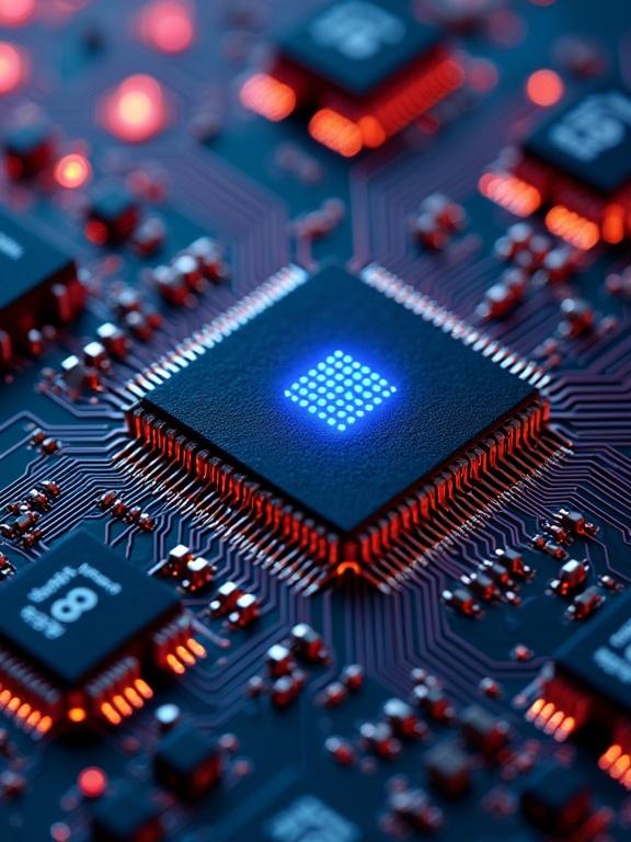 An intricate close-up view of a modern microcontroller placed on a printed circuit board. The microcontroller is highlighted with blue LEDs, surrounded by various electronic components in red and black. The focus is on the details of the circuitry, showcasing the complexity of electronic designs.