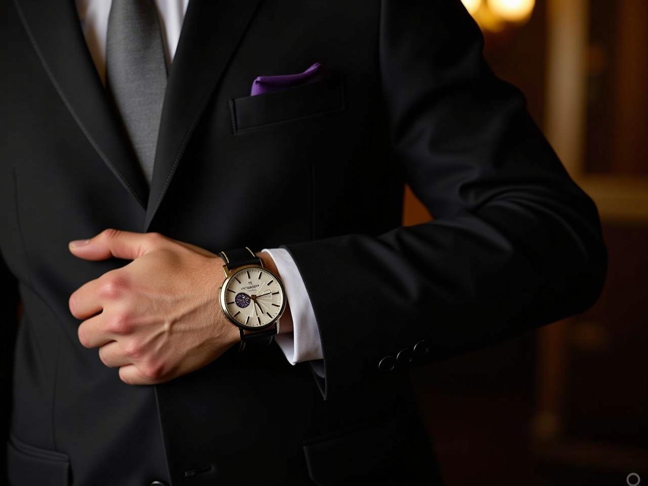 Place this watch on an elegant man. The man should have a sophisticated appearance, dressed in formal attire such as a tailored suit. The setting is a luxurious environment, enhancing the elegance of the scene. Soft lighting accentuates the details of the watch as well as the man's outfit. The background should be a subtle blend of colors that complement the watch's design. Overall, the image conveys a sense of style and refinement.