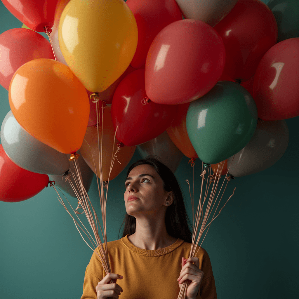 A woman in a yellow sweater holds many colorful balloons against a teal background.