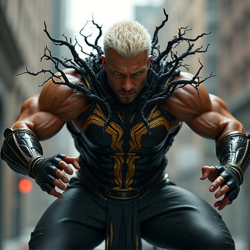 Highly realistic full-body shot of a muscular man in a dark suit with tendrils attacking. He has white blond spiked hair and is in an urban environment. The image includes visible electricity and an intense stare.