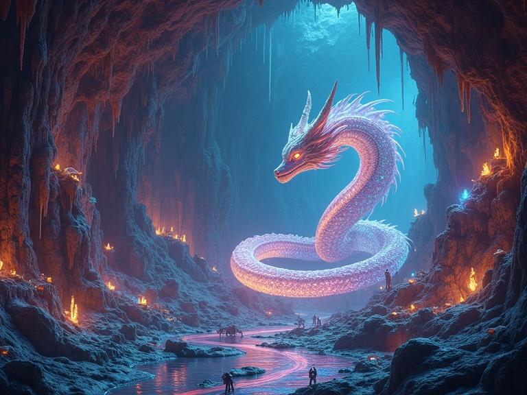 A vast underground cavern filled with colorful gemstones shines under a glowing dragon. Underground rivers of molten silver reflect multicolored lights. Miners carve sculptures from the rocks. Luminous fungi and crystals create a colorful display. The scene feels magical and ancient. The camera focuses on dragon movements and intricate gemstone textures.