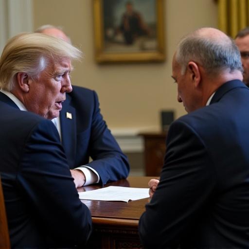 Donald Trump engages in a serious discussion with the US Secretary of Defense at the Pentagon. The focus is on their interaction, surrounded by other officials. The setting conveys a sense of importance and urgency.