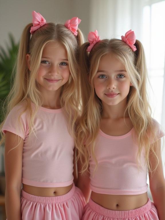 Two girls wearing pink tops and skirts stand together in a living room. They have long blonde hair styled in twin tails with pink bows. The setting captures a birthday celebration atmosphere with a warm light coming from the windows.