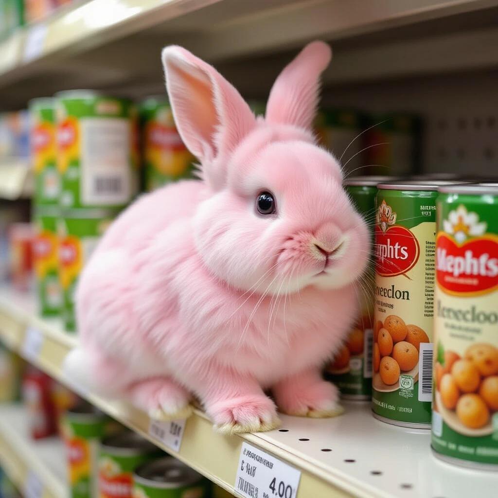 A cute pink rabbit sits on a grocery shelf among canned goods. The rabbit has fluffy fur and expressive eyes. The shelves are lined with colorful canned products around it. It is a charming scene that draws attention to the rabbit's unique color and cuteness.