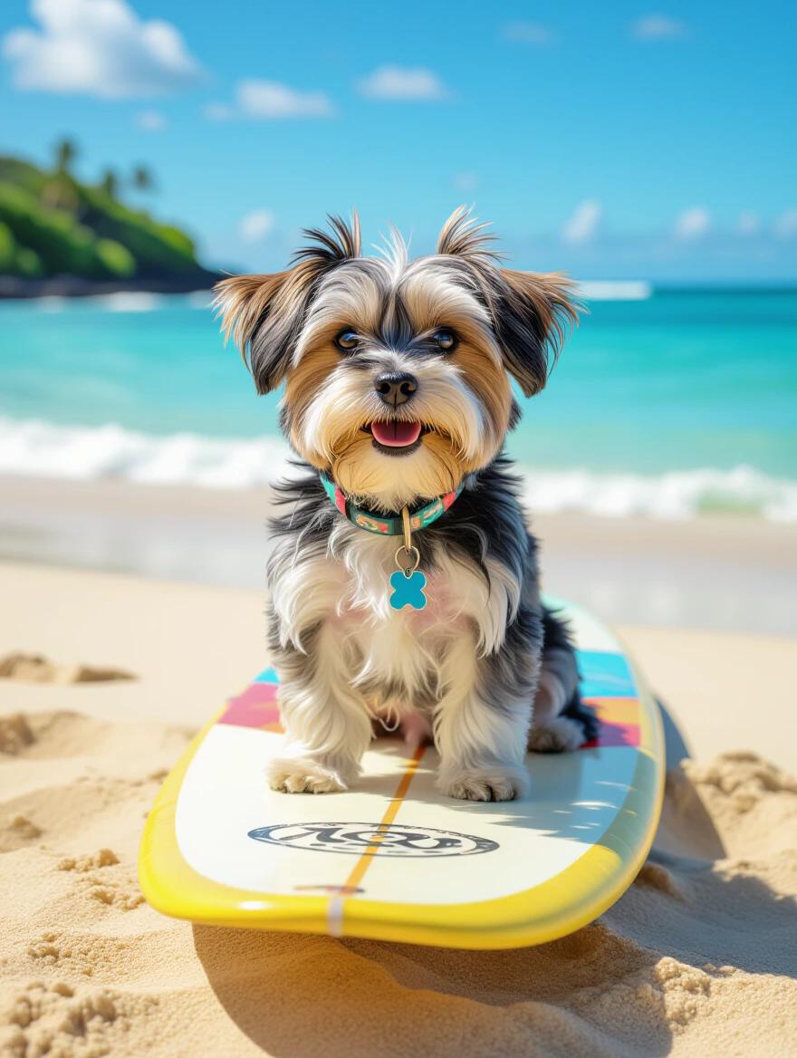 Realistic picture of a Morkie on a surfboard at a Hawaiian beach