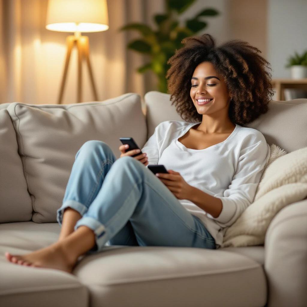 Realistic woman relaxing on the couch barefoot. She is holding a remote control. Comfortable setting with soft lighting.