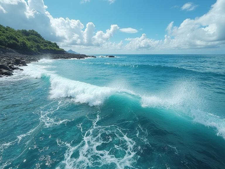 Vivid blue ocean with white foam waves crashing against rocky coastline under bright sunny sky