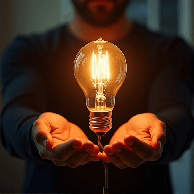 A person holds a glowing vintage-style light bulb in their cupped hands, casting a warm, inviting glow.