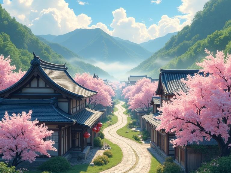 A wide aerial view of a serene anime-style Japanese village nestled among lush green mountains under warm morning sun. Cherry blossom trees in full bloom sway gently in the breeze scattering pink and white petals into the air. Traditional wooden houses with curved tiled roofs and paper lanterns line the peaceful paths. Mist hovers low around the village giving it a dreamy mystical feel. A few villagers can be seen in the distance beginning their day.
