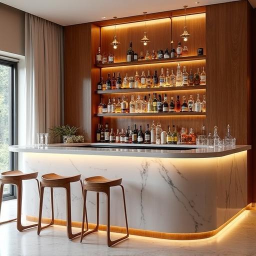 Bar design in a modern restaurant near the beach. Elegant and stunning with a stylish black marble counter. Back bar stacked with various drinks. Light color palette and organic wooden shapes at the front. Incorporates mirrors and LED lights for ambiance. High-end marble and fine wood reflect a coastal theme.