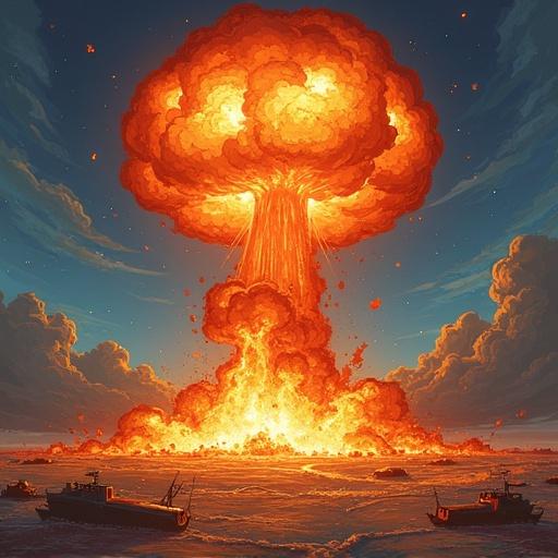 Create a digital artwork showing a nuclear explosion with a large mushroom cloud rising over the ocean. Have ships in the water to show scale.