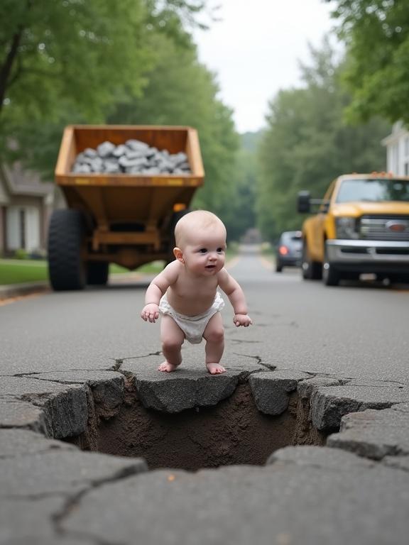 A cautious baby steps on the edge of a deep hole in a suburban street. The baby wears a diaper. A rusty yellow dump truck drives away in the background. Surrounded by cracked asphalt, the scene shows suburban houses and green trees. Realistic style with high detail.
