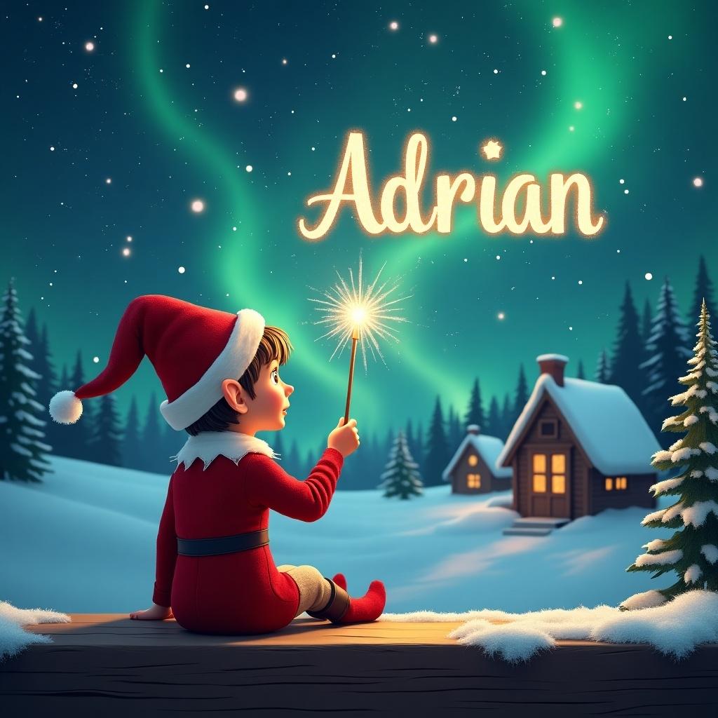 An elf dresses in red sits on a ledge. Elf gazes at a starry sky. Elf holds a wand and writes names. Background has a snowy landscape with houses and trees under Northern Lights.