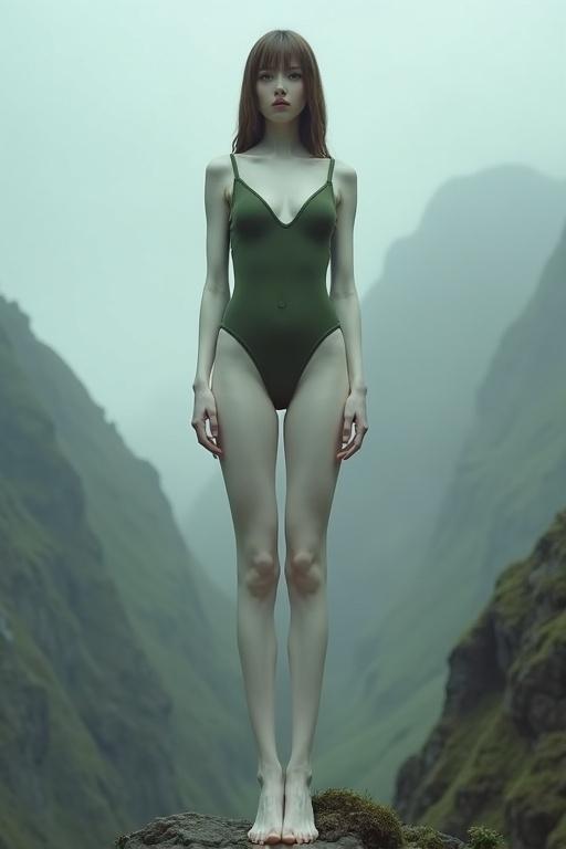 Full front view of a stylized woman in a military green swimsuit. Legs are disproportionately long and thin. The woman stands relaxed yet poised in a misty, mountainous landscape. She exudes confidence and calmness. The scene is surreal and artistic, evoking elements of fantasy.