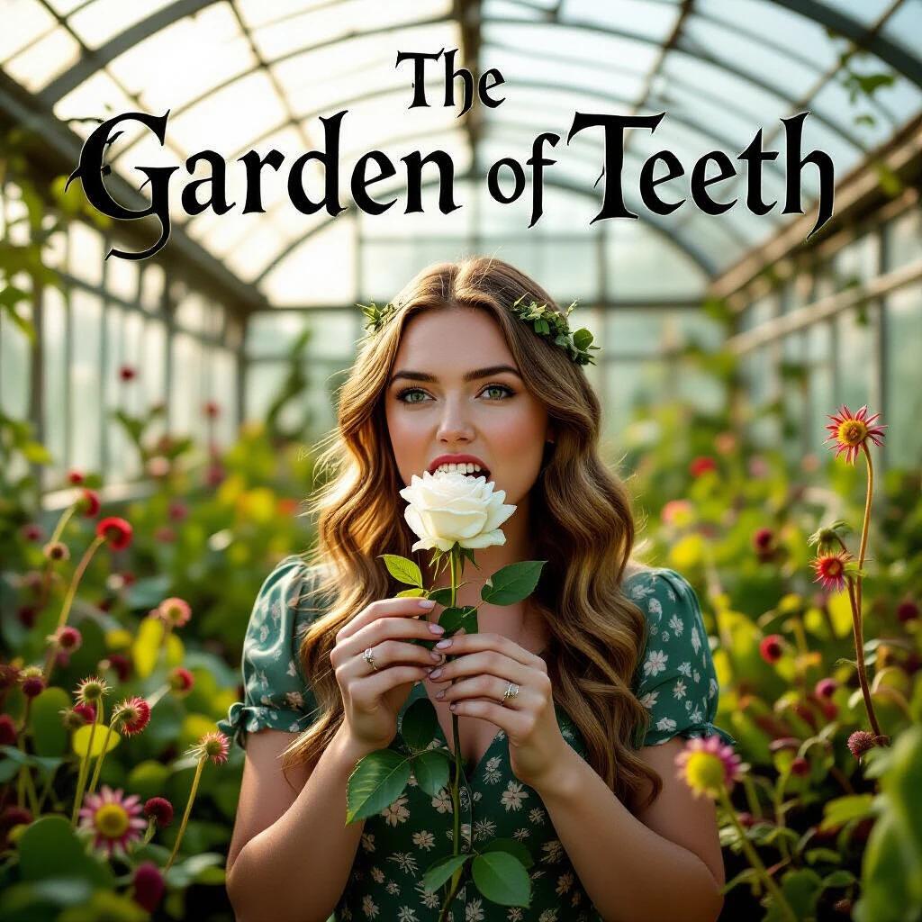 Movie poster depicting a woman biting a white rose in a greenhouse of carnivorous plants. Title reads THE GARDEN OF TEETH with organic script entwined with thorns. The scene is illuminated by filtered sunlight through dusty glass. Gothic botanical horror theme in high resolution.