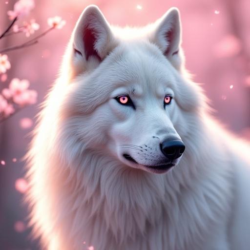 Close-up portrait of a white wolf with flowing fur and pink highlights. The wolf has glowing pink eyes and a serene expression. Sakura petals drift around its face with cherry blossoms in its mane. Softly blurred background with glowing white and pink tones. Detailed fur in natural light. High definition, cinematic style.
