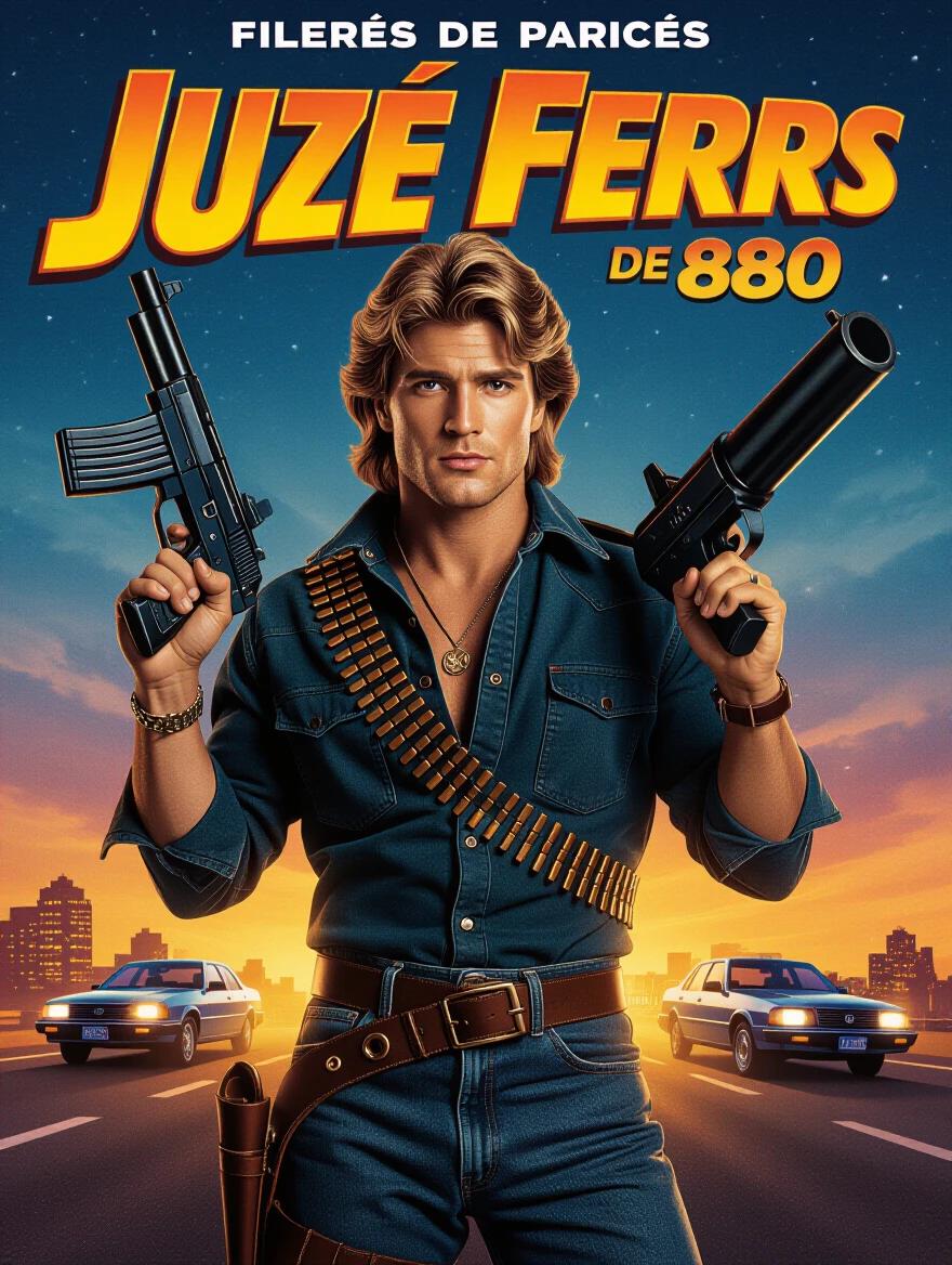 Film poster of an 80s action movie featuring Juzé Ferr. Hero in blue jeans with long hair styled back wearing a black shirt. Character holds large weapons in each hand, set in a city backdrop with cars. Emphasis on vibrant colors and HDR effects.