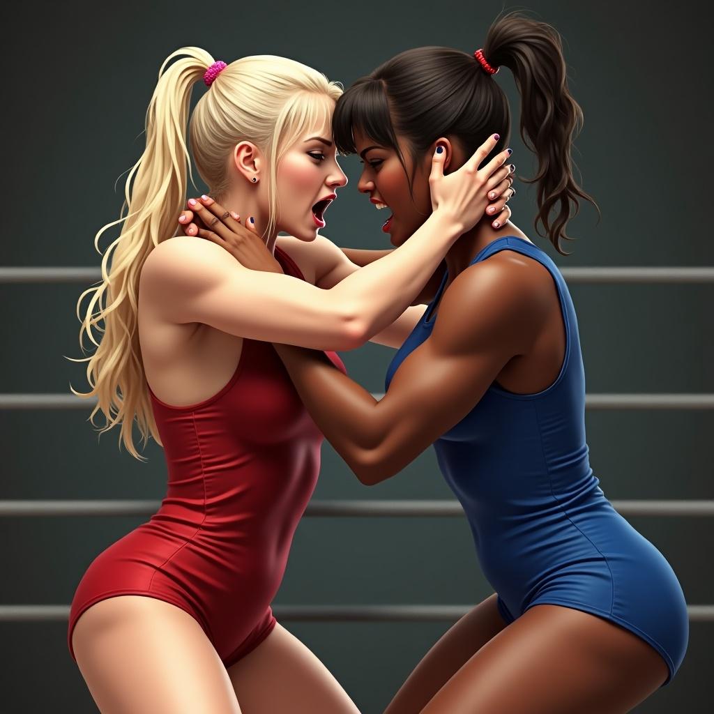 Two female wrestlers compete aggressively. One has blonde hair and wears a red singlet. The other has black skin and wears a blue singlet. They are locked in a fierce wrestling hold.