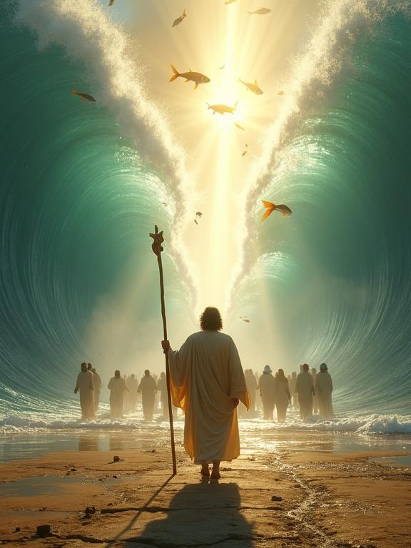 Dynamic cinematic scene depicting Moses parting the Red Sea. Moses holds a staff, wearing flowing robes. A crowd of Israelites follows him. Waves rise on both sides and fish swim within. Light beams illuminate the scene creating a holy atmosphere. Water droplets and mist enhance the sacred feel. The ground shows textured seabed with mud and puddles. Hyper-realistic fantasy art style with cinematic lighting and depth.