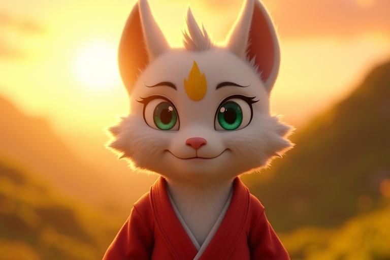 A cinematic scene featuring a cute character with white fur and emerald-green eyes in a gorgeous sunset. The character wears a light red karate gi. The sunset creates a warm atmosphere with golden yellows and soft pinks illuminating the scene. The background shows blurred hills of Chandrapur. The image captures the essence of a heartfelt moment with stunning details in fur texture and clothing.