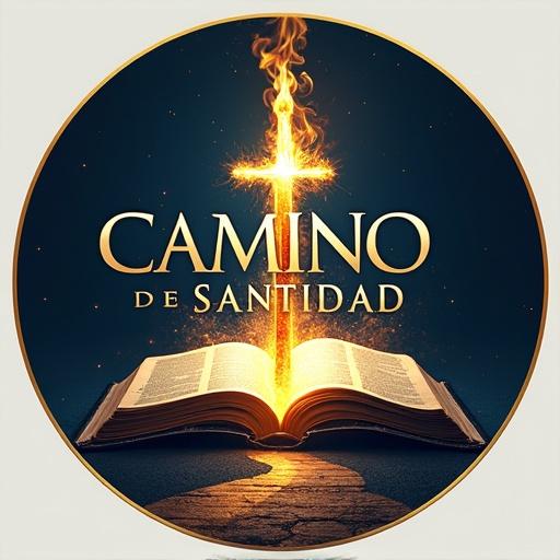 Design a circular logo for a Pentecostal Evangelical church titled 'Camino de Santidad'. Include the main text in bold modern capital letters. Feature an open Bible and a divine hand holding a glowing sword. Add subtle flames and a stylized path. Use a deep blue, gold, yellow, and white color palette with clean lines. Include optional text for 'Iglesia Evangélica Pentecostal'.