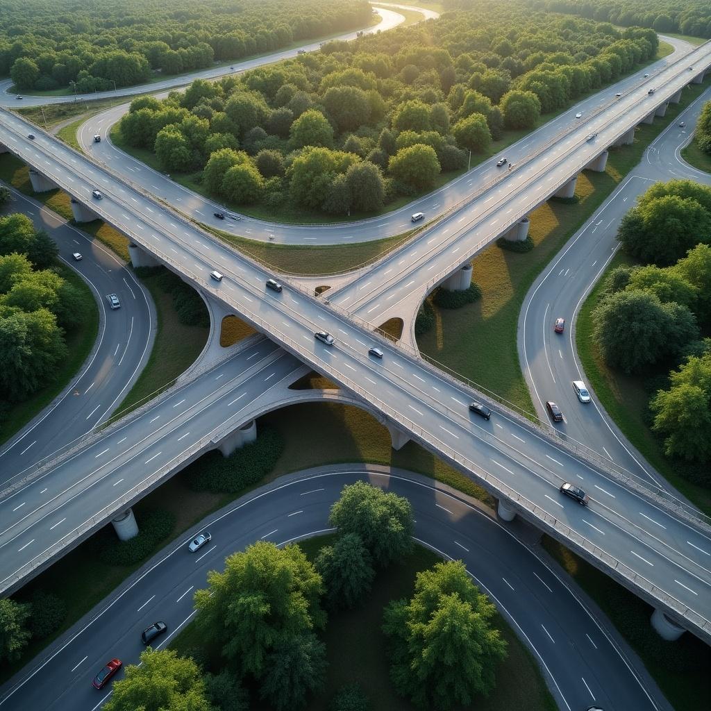 Aerial view of an intersection with highways and collector roads. Highway elevated above collector roads. Green trees surrounding the roads. Cars traveling on multiple lanes. Natural sunlight illuminating the scene.