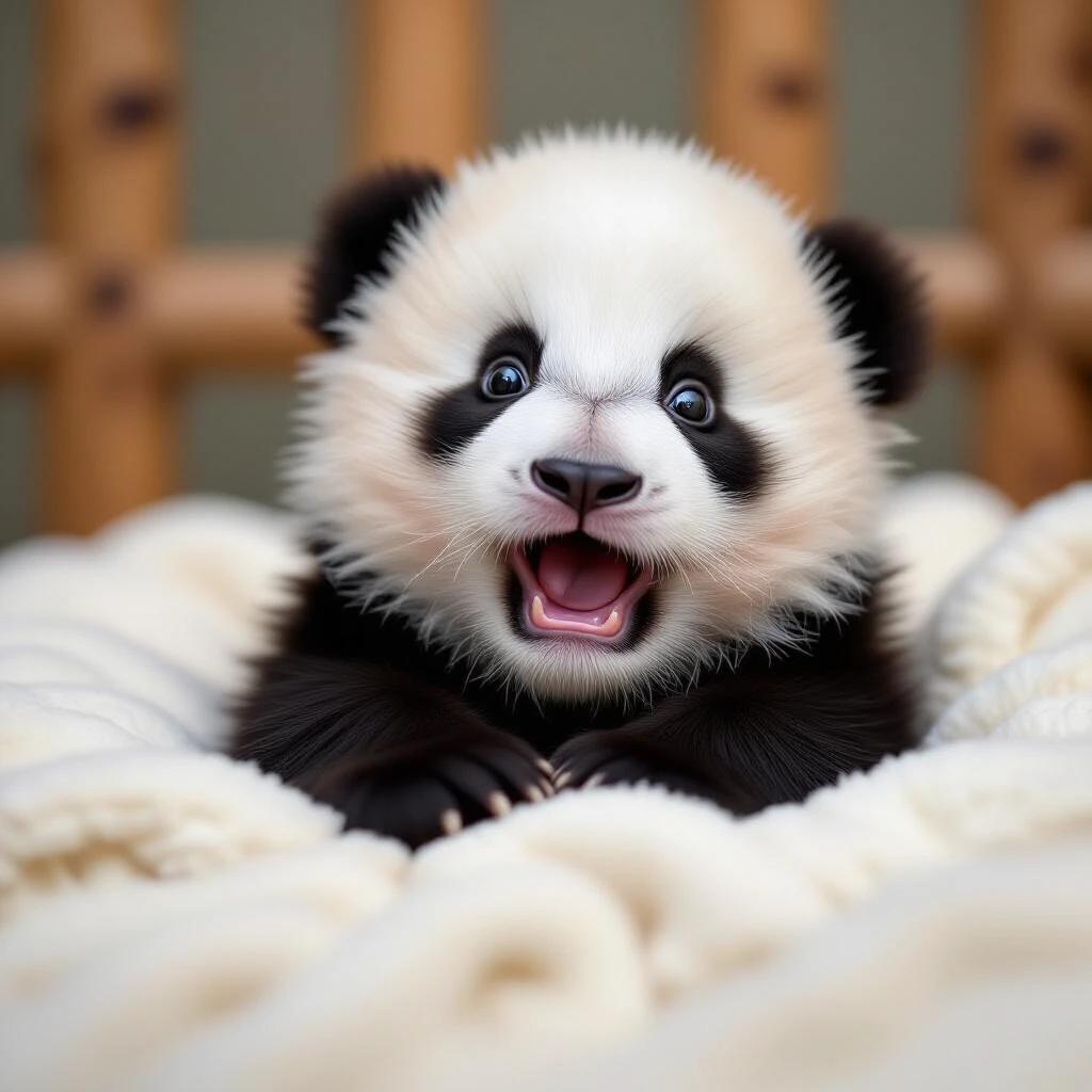 A playful baby panda sits on a soft blanket. The panda has a wide-open mouth and joyful expression. The fur pattern is distinct and fluffy. The background is softly blurred, emphasizing the panda's features.