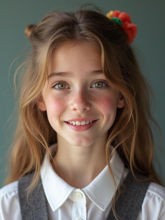 Girl with long wavy hair wearing a uniform. Freckles on cheeks and a bright smile. Colorful scrunchie in hair. Close-up portrait with soft lighting. Overall happy and youthful vibe.