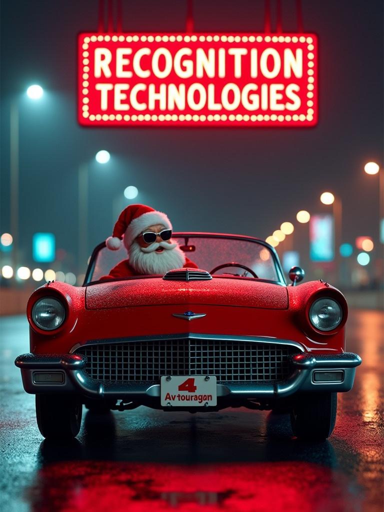 Scene at a retro race track. Vintage red Ford car with no windshield and a character resembling Santa inside. The license plate has the text Avtouragan. Large neon sign above displaying the text RECOGNITION TECHNOLOGIES in intricate letters. The atmosphere includes a Christmas theme with dark tones and bright neon colors. Conceptual art depicting festive trend.