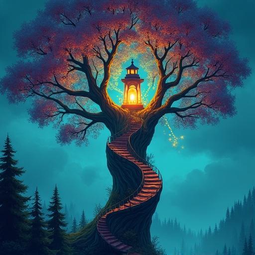 A towering lighthouse spiraling up an ancient glowing tree. Lantern room encased in crystalline leaves. Perched above a misty forest. Fantasy illustration style. Vibrant colors and glowing bioluminescence create a magical atmosphere.
