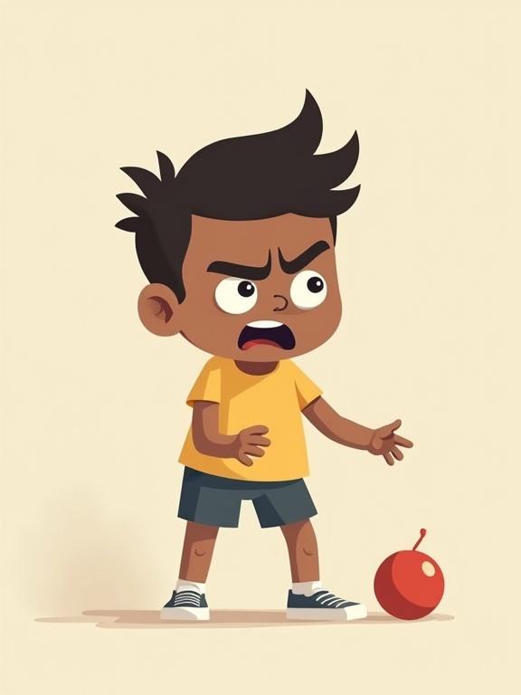 A 4 year old child showing anger at a toy. Illustration features a minimalist flat vector style with exaggerated body proportions. The child is depicted with a large torso, squat body, and small head. The clothing is simplified in neutral and muted colors. The expression and posture are playful and expressive.
