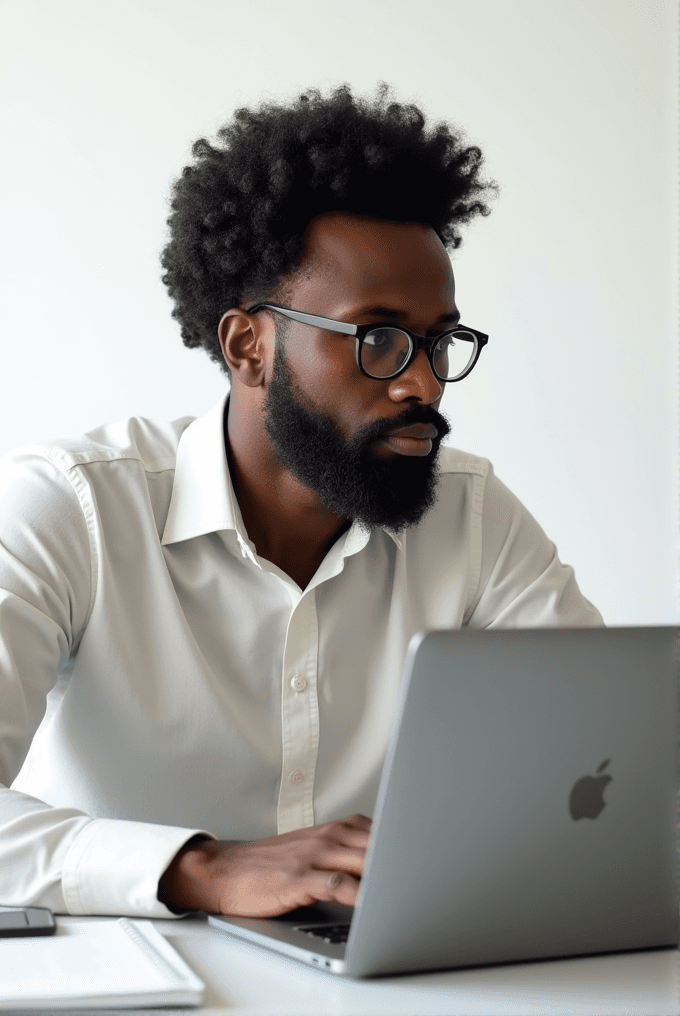 A man in a dark suit and glasses concentrates intently on a laptop in a bright, minimalist setting.