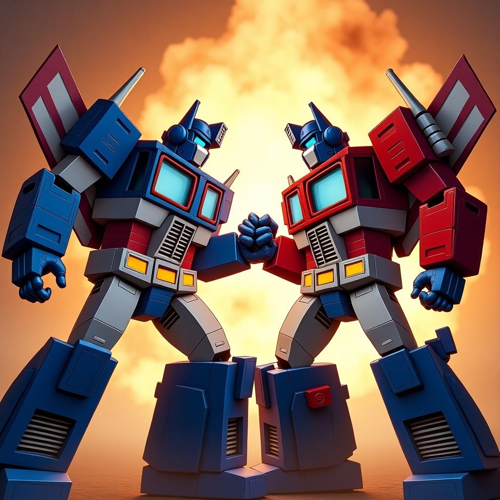 Epic battle between two iconic Transformers from G1 series. Characters in dynamic pose locking hands in fierce struggle. Vibrant colors blue and red represent factions. Dramatic explosion in background creates intense atmosphere. Perspective emphasizes larger-than-life presence.