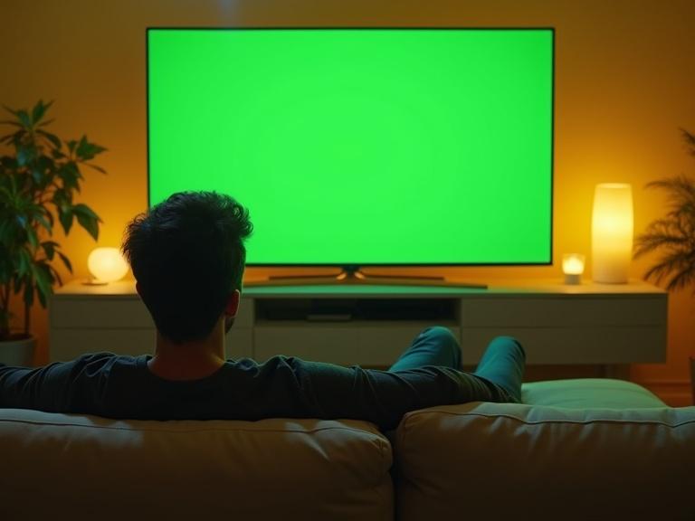 Realistic scene showing a YouTuber sitting on a sofa. The YouTuber is viewed from behind. There is a large television screen in front with a bright green display. Soft natural lighting creates an inviting atmosphere. The wall features a warm yellow tone. The couch adds comfort to the living space.