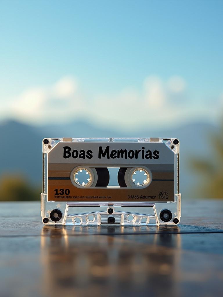 Close-up image of a cassette with the text Boas Memórias displayed prominently. The cassette rests on a table with a blurred background showcasing mountains and a clear sky. The design features an indigo and gold color scheme. This artwork evokes memories from past musical experiences, highlighting the concept of infinity and the essence of lasting memories. It hints at the influences of rap and vintage music culture. Unique and artistic representation of nostalgia.