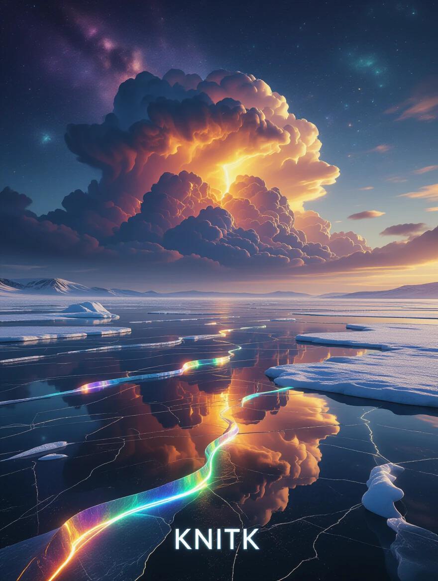 A surreal cinematic landscape depicts a frozen lake under a galaxy-lit sky. Massive glowing storm clouds resemble golden nebulae on the horizon. Luminous planet-sized formation rises beyond clouds with swirling magma veins. Ice surface reflects the sky with sparkling iridescent textures layered with rainbow light and fluid gold. Velvety ice formations ripple in electric purples liquid sapphire and neon emeralds. Obsidian-black sky pierced by constellations and auroras glinting starlight across the ice. Sun and celestial beams break through clouds painting atmosphere in molten amber jewel tones. An otherworldly moment where cosmos and ice collide.