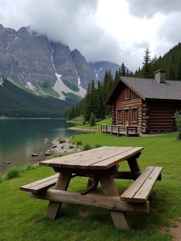 Scene features log cabin near lake. Picnic table is main focus. Table made of weathered wood has attached benches. Cabin has dark brown logs and steep roof. Lake reflects greenish-blue colors. Surrounding area has lush green grass and small plants. Rugged mountains tower above with snow patches. Sky is cloudy suggesting cool day. Soft light enhances natural colors.
