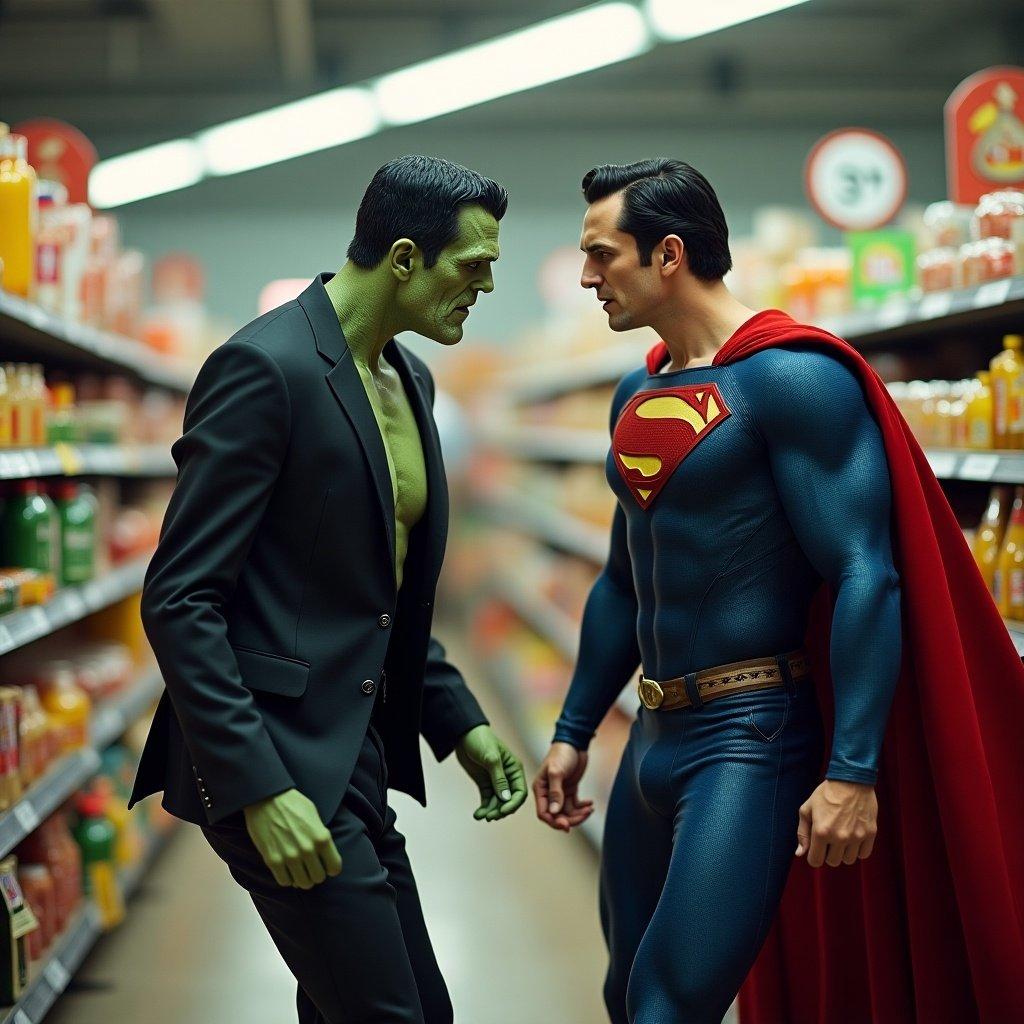 Frankenstein challenges Superman in a grocery aisle. Bright colors and dramatic expressions. Supermarket setting with shelves of products.