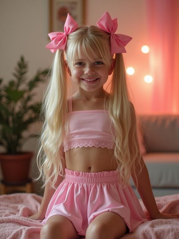 A young girl with long blonde hair styled in twin tails adorned with pink bows sits in a living room. She smiles wearing a pink crop top and a tiny pleated micro skirt. The room has a cozy atmosphere with warm lighting and soft decor.
